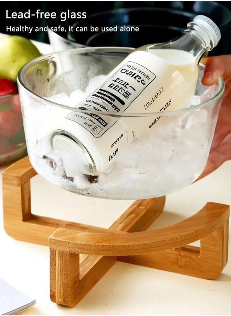 EzzySo Glass Salad Bowl with Wooden Rack Cereal Bowl Mixing Bowl Fruit Snack Serving Plate Side Plate Bowl Microwave Suitable for Appetizers Salads Candy Fruits  - Image 4