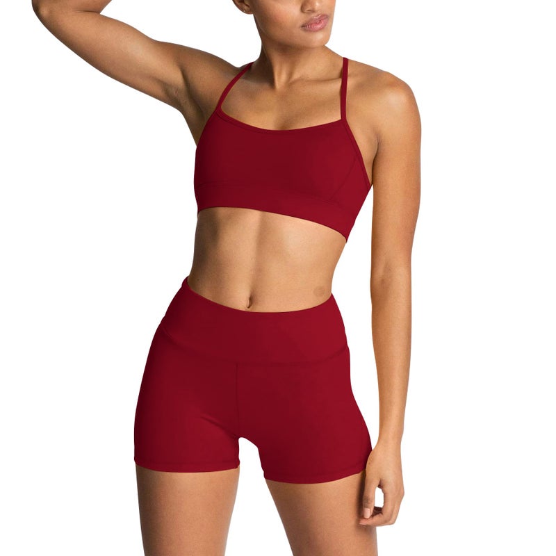 IWEMEK Workout Sets for Women Strappy Sports Bra High Waist Biker Shorts 2 Piece Gym Sets Yoga Pilates Outfits Athletic Work Out Clothes Cherry Red XSmall - Image 2