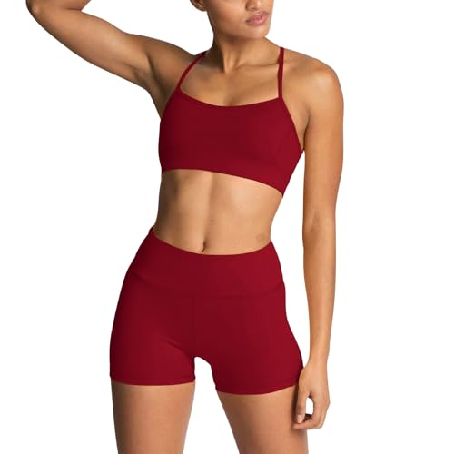 IWEMEK Workout Sets for Women Strappy Sports Bra High Waist Biker Shorts 2 Piece Gym Sets Yoga Pilates Outfits Athletic Work Out Clothes Cherry Red XSmall - Image 1