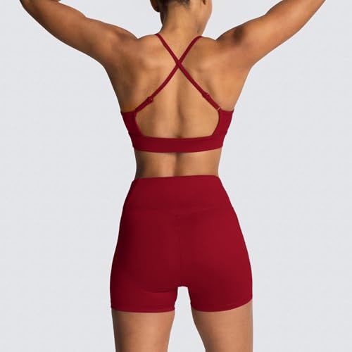 IWEMEK Workout Sets for Women Strappy Sports Bra High Waist Biker Shorts 2 Piece Gym Sets Yoga Pilates Outfits Athletic Work Out Clothes Cherry Red XSmall - Image 3