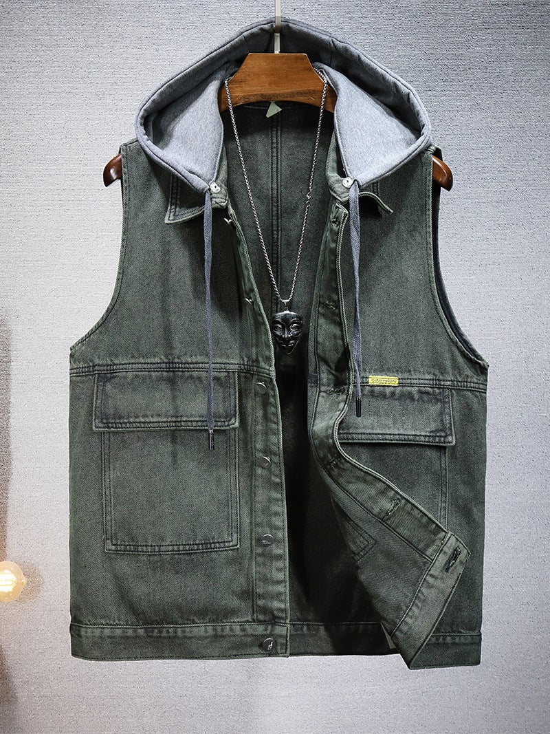 2025 New Trendy Men's and Women's Waistcoat Vest Four Seasons Loose Fashion Detachable Hooded Denim Vest Men's Vest - Image 4