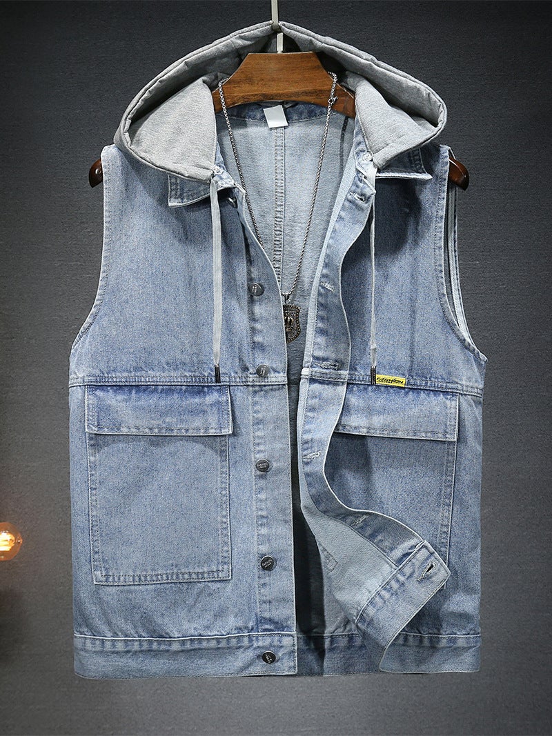 2025 New Trendy Men's and Women's Waistcoat Vest Four Seasons Loose Fashion Detachable Hooded Denim Vest Men's Vest - Image 3