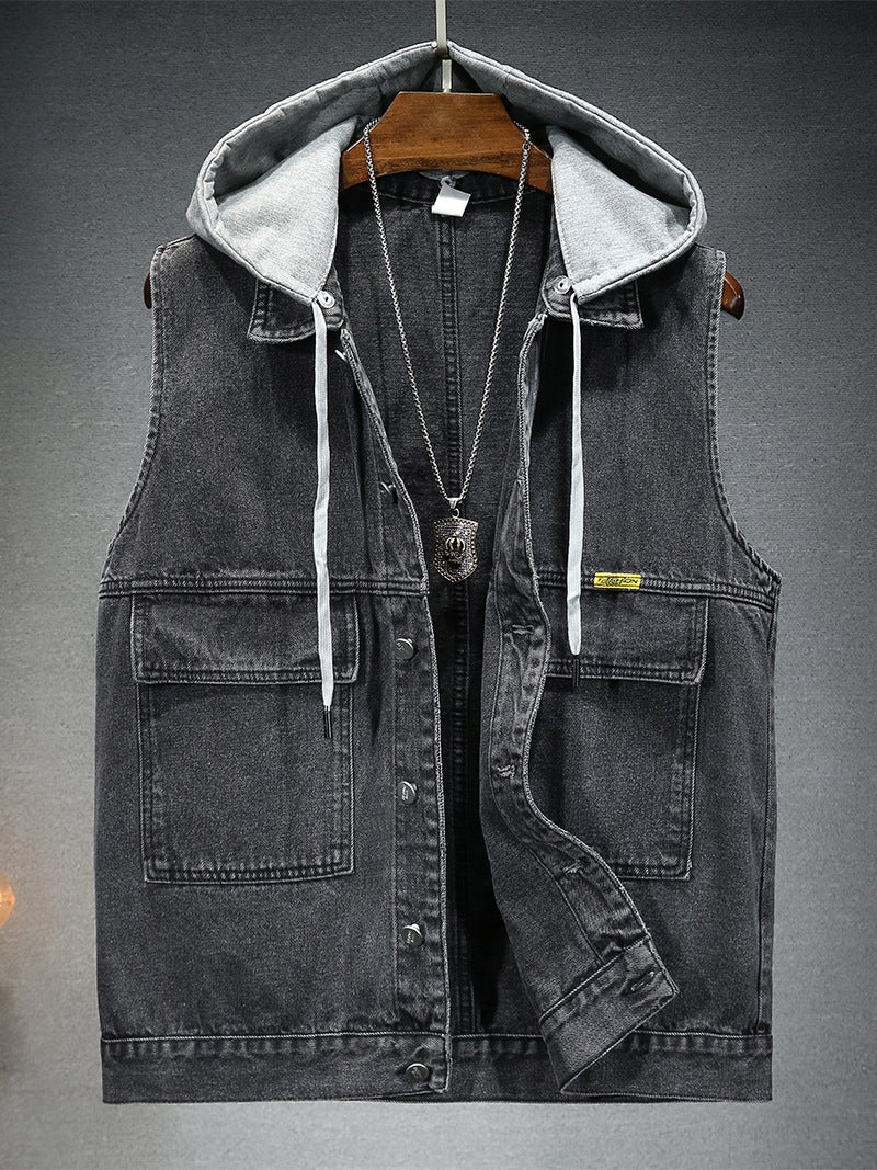 2025 New Trendy Men's and Women's Waistcoat Vest Four Seasons Loose Fashion Detachable Hooded Denim Vest Men's Vest - Image 2