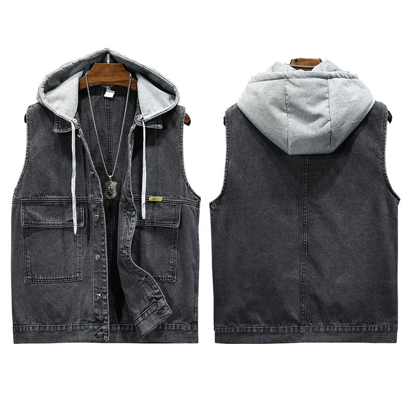 2025 New Trendy Men's and Women's Waistcoat Vest Four Seasons Loose Fashion Detachable Hooded Denim Vest Men's Vest - Image 1