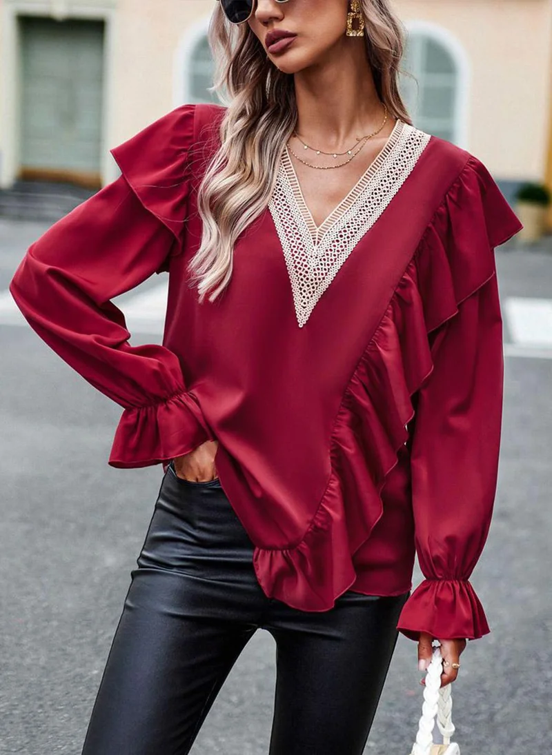YUNIQEE Red V-Neck Long Sleeves Solid Top
