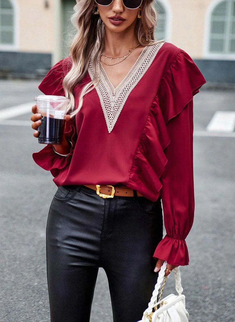 YUNIQEE Red V-Neck Long Sleeves Solid Top