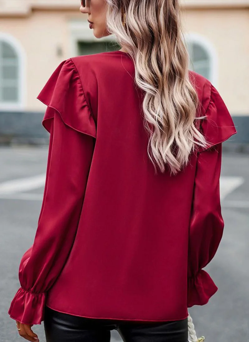 YUNIQEE Red V-Neck Long Sleeves Solid Top