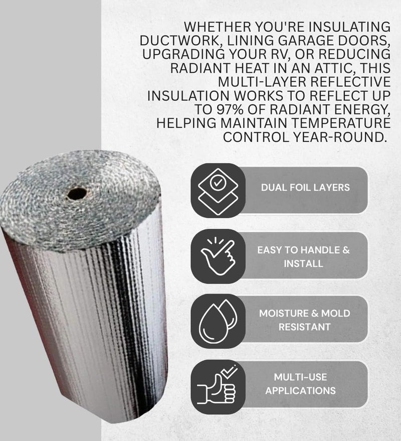 Reflectix Reflective Radiant Barrier Insulation Roll 24" x 10' â€“ Double Bubble Foil Insulation with Aluminum Foil Layers â€“ Reflects Radiant Heat â€“ Ideal for Window Heat Blocking, Garage Doors & More - Image 3