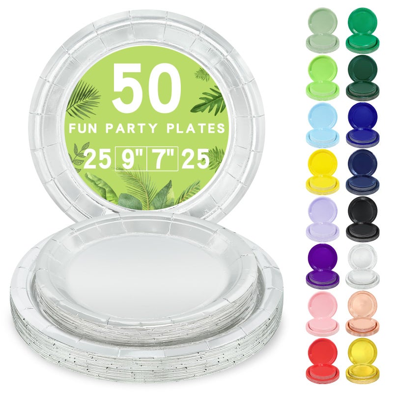 LANLISA 50 Silver Paper Plates Disposable Set Includes 25-9" & 25-7" Disposable Birthday Cake Dessert Paper Plates For Party Supplies - Image 1