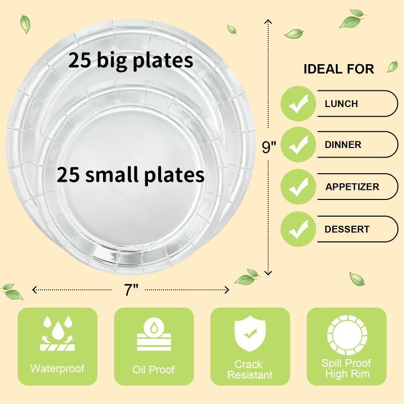 LANLISA 50 Silver Paper Plates Disposable Set Includes 25-9" & 25-7" Disposable Birthday Cake Dessert Paper Plates For Party Supplies - Image 5