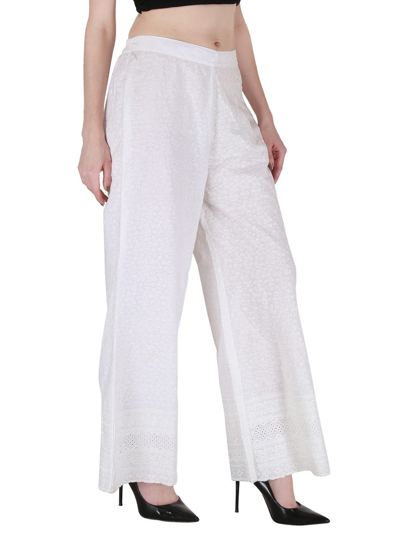 Shopping Queen Women Mid Rise Cotton Embroidered Chikankari Palazzo (A296_White_XS, Regular) - Image 3
