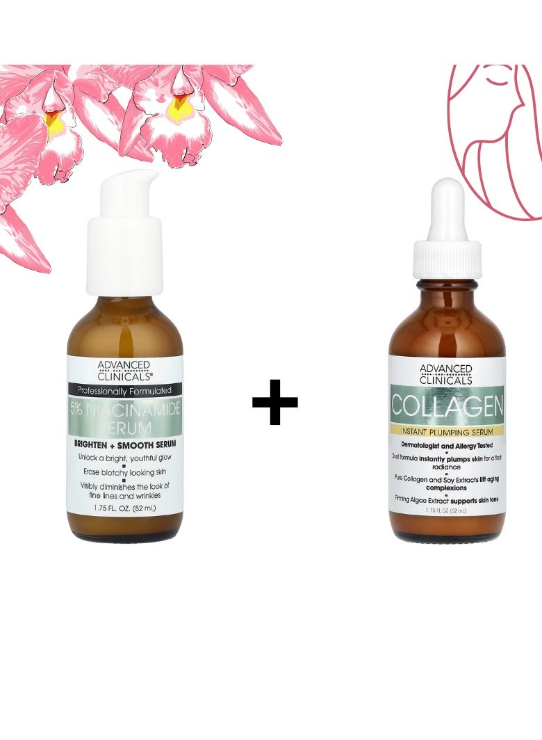 Advanced Clinicals, 5% Niacinamide Serum, Professional Strength, 1.75 fl oz (52 ml)&Collagen Instant Plumping Serum for Fine Lines and Wrinkles. 1.75 Fl Oz. - Image 1