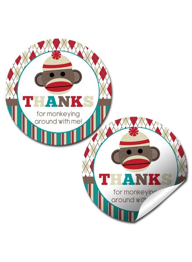 Amanda Creation Sock Monkey Birthday Thank You Sticker Labels For Kids 40 2" Party Circle Stickers By Amandacreation Great For Party Favors Envelope Seals & Goodie Bags - Image 1