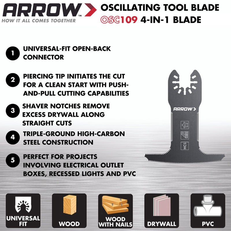 Arrow Fastener Arrow OSC109-1, 4-IN-1 Drywall Oscillating Tool Blade for Electrical Outlet Boxes, Recessed Lights, PVC, Universal, Fits Most Multitools - Image 2