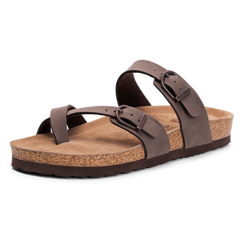FITORY Women's Slide Sandals with Soft Cork Footbed, Comfort Arch Support Flat Sandals for Summer Brown Size 8.5 - Image 1