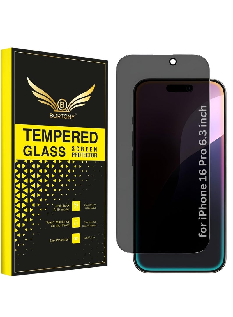 بورتوني واقي شاشة للخصوصية لهاتف iPhone 16 Pro مقاس 6.3 بوصة مضاد للتجسس لهاتف iPhone 16 Pro واقي شاشة من الزجاج المقسى وتغطية عالية الدقة خالية من الفقاعات وسهلة التركيب - Image 1