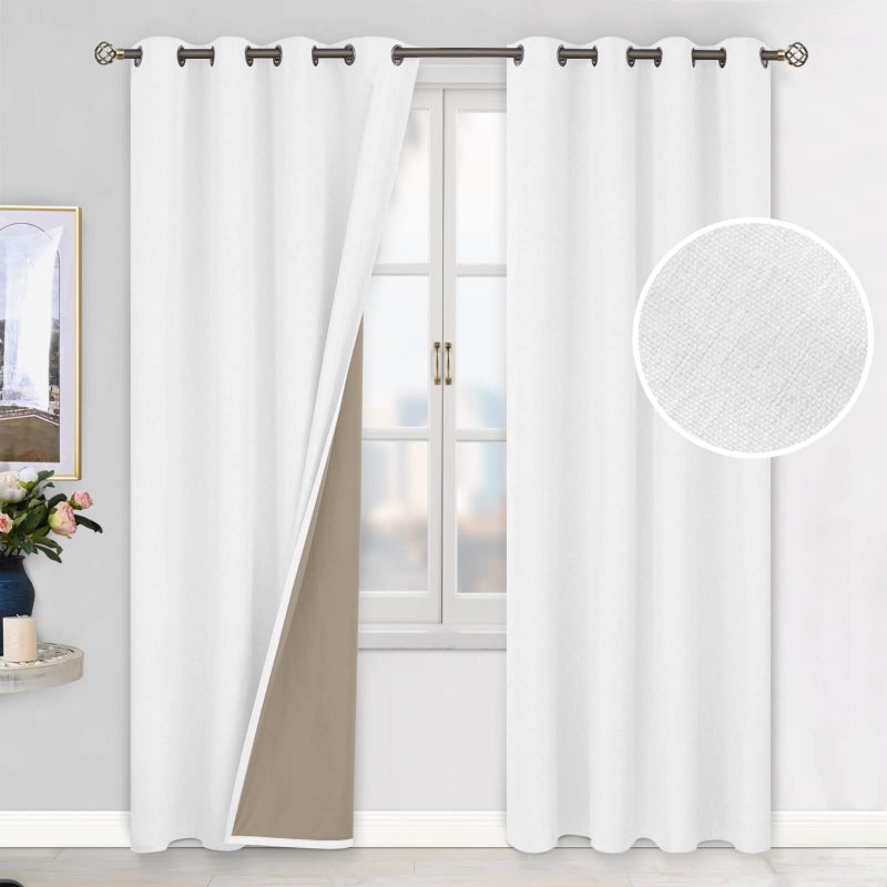 BGment Linen Textured 100% Blackout Curtains for Bedroom  Grommet Double Layers Thermal Insulation Room Darkening Curtains with Liner for Living Room  2 Panels  52 x 96 Inches  White - Image 2