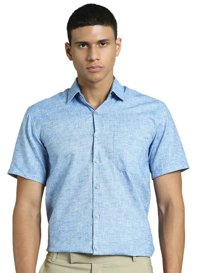 Indian Needle قميص رسمي نصف كم من القطن الأزرق من إنديان نيدل للرجال - Image 1