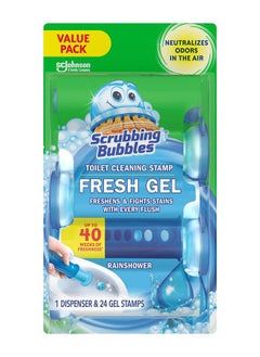 Fresh Gel Toilet Bowl Cleaning Stamps, Helps Keep Toilet Clean and Helps Prevent Limescale & Rings, Rainshower Scent, 1 Dispenser with 24 Fresh Gel Stamps