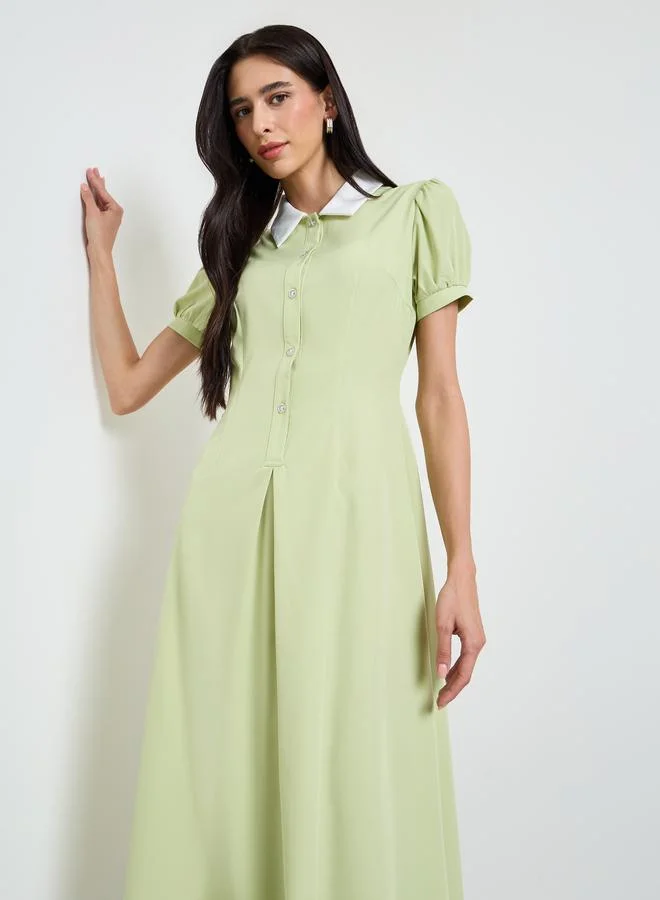 ستايلي Green A-Line Midi Dress With Puff Sleeves