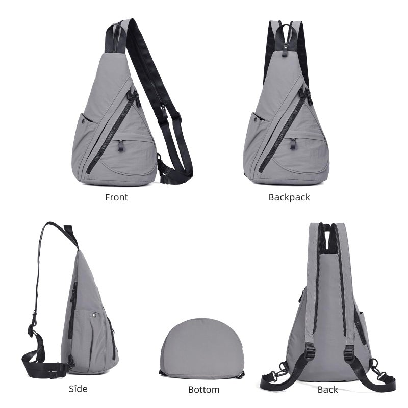 KL928 Crossbody Sling Backpack Nylon Cross Body Bag Travel Hiking Shoulder Bags Daypack Rucksack Unisex (Grey) - Image 5