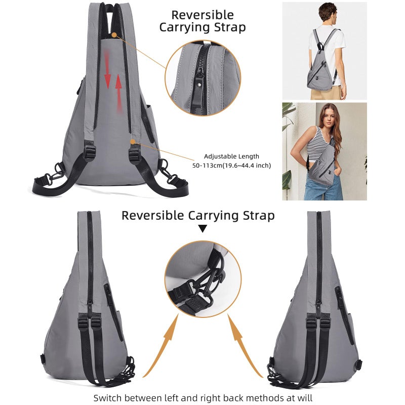 KL928 Crossbody Sling Backpack Nylon Cross Body Bag Travel Hiking Shoulder Bags Daypack Rucksack Unisex (Grey) - Image 3