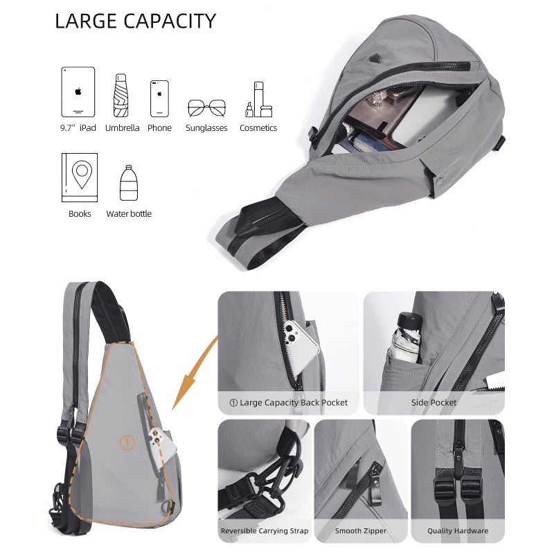 KL928 Crossbody Sling Backpack Nylon Cross Body Bag Travel Hiking Shoulder Bags Daypack Rucksack Unisex (Grey) - Image 4