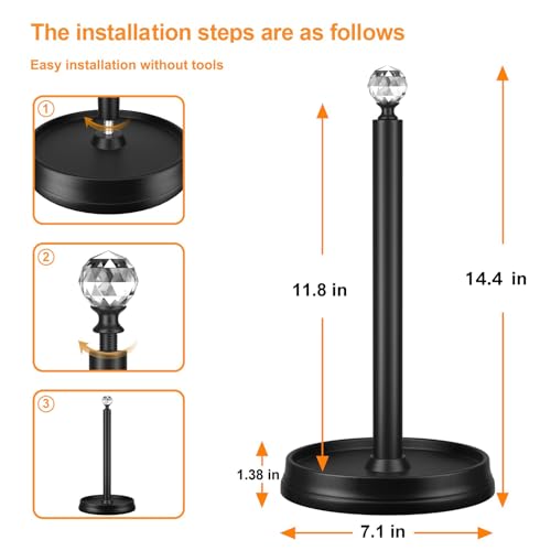 KASUNTO Paper towel holder (with crystal head) Steel Paper towel holder countertop，Black paper towel holder for Kitchen Countertops, Bars & Dining Tables,Fits Standard & Jumbo Rolls,Matte Black - Image 2