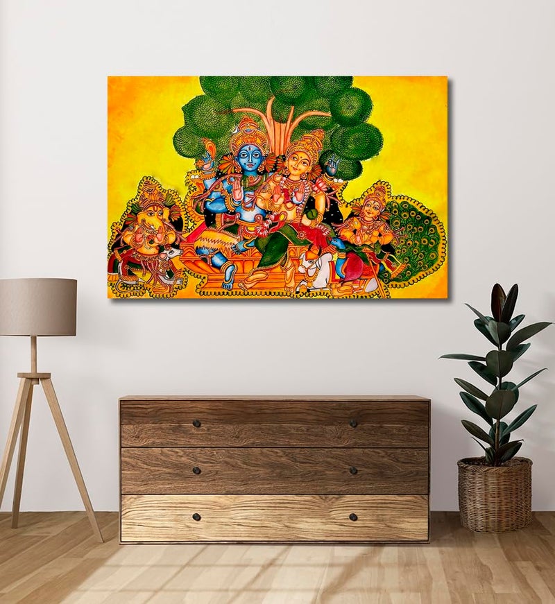 Sikhash Religious Art Canvas Painting | Shiva Parvati Parivar Kerala Mural Traditional Art Painting for Living room Home Office Gift Multicolor Unframed Painting Size - 12X8 inches (30X20 cms, Pack of 1) - Image 4