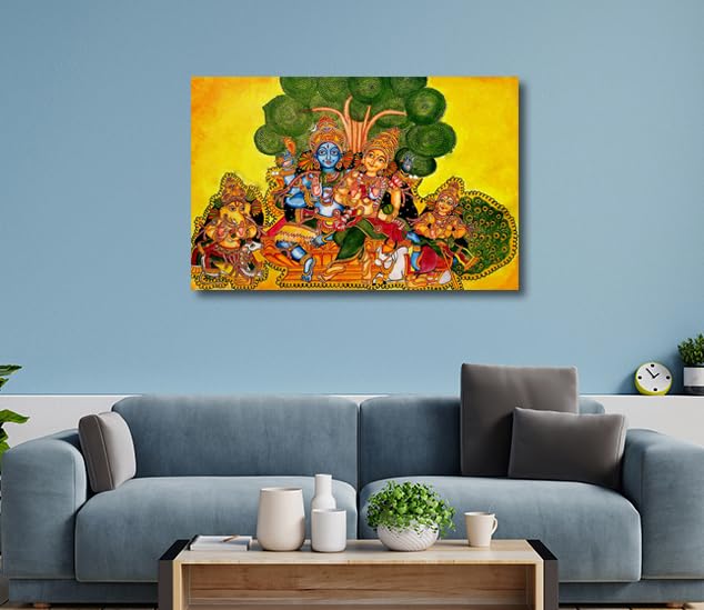 Sikhash Religious Art Canvas Painting | Shiva Parvati Parivar Kerala Mural Traditional Art Painting for Living room Home Office Gift Multicolor Unframed Painting Size - 12X8 inches (30X20 cms, Pack of 1) - Image 5