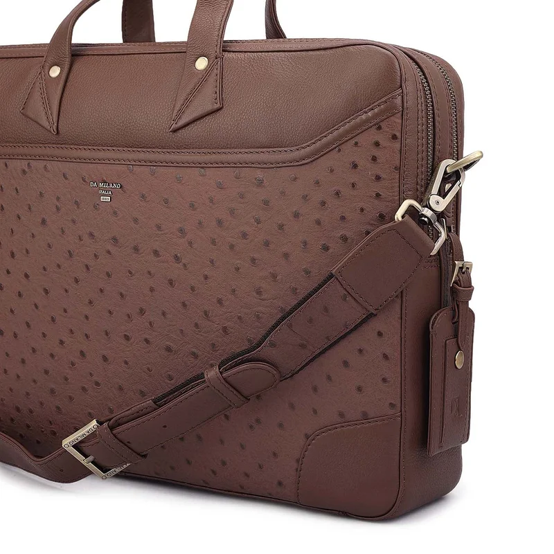 Da Milano  Ostrich Leather Laptop Bag - Brown  | Best Price UAE