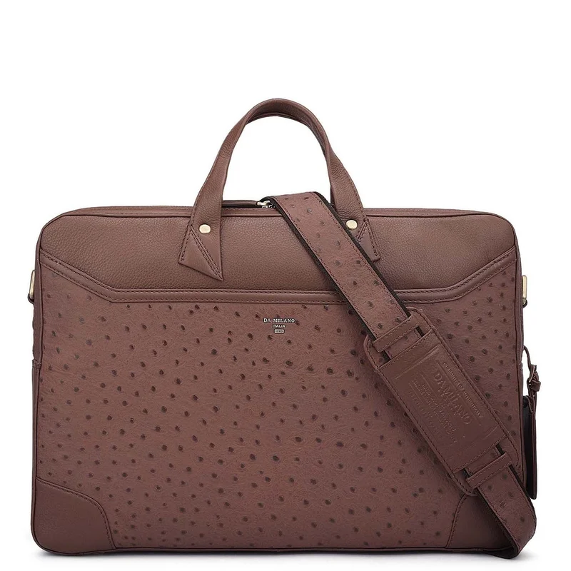 Da Milano Da Milano Ostrich-Grain Leather Laptop Bag with Zip Closure - Brown (CB-10157)