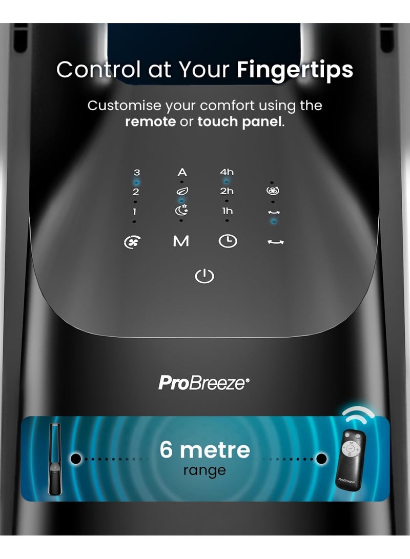 برو_بريز مروحة برجية بدون شفرات من Pro Breeze بمقاس 40 بوصة ومحرك تيار مستمر (DC) - مروحة فائقة الهدوء مزودة بجهاز تحكم عن بُعد وشاشة LED، وتتميز بـ 6 سرعات و5 أوضاع للتشغيل، بالإضافة إلى خاصية التذبذب التلقائي بزاوية 60 درجة ومؤقت زمني لمدة 7 ساعات (اللون الأسود) - Image 3