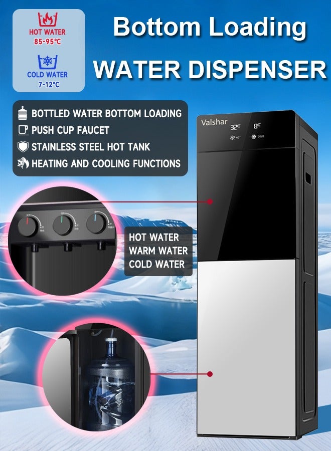 Valshar Bottom Loading Water Dispenser Temperature Display| Normal, Hot and Cold Function, 3 Taps| Cold Temperature: 7-12 Degrees Celsius; Hot Temperature: 85-100 Degrees Celsius| Perfect For Home And Office| Metallic Silver - Image 1