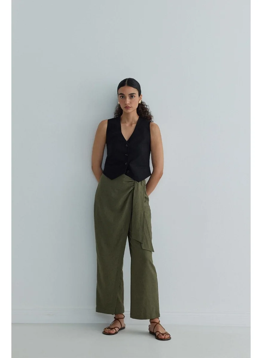 سود كوليكشن Saud Collection Khaki Alia Linen Wrap Trousers
