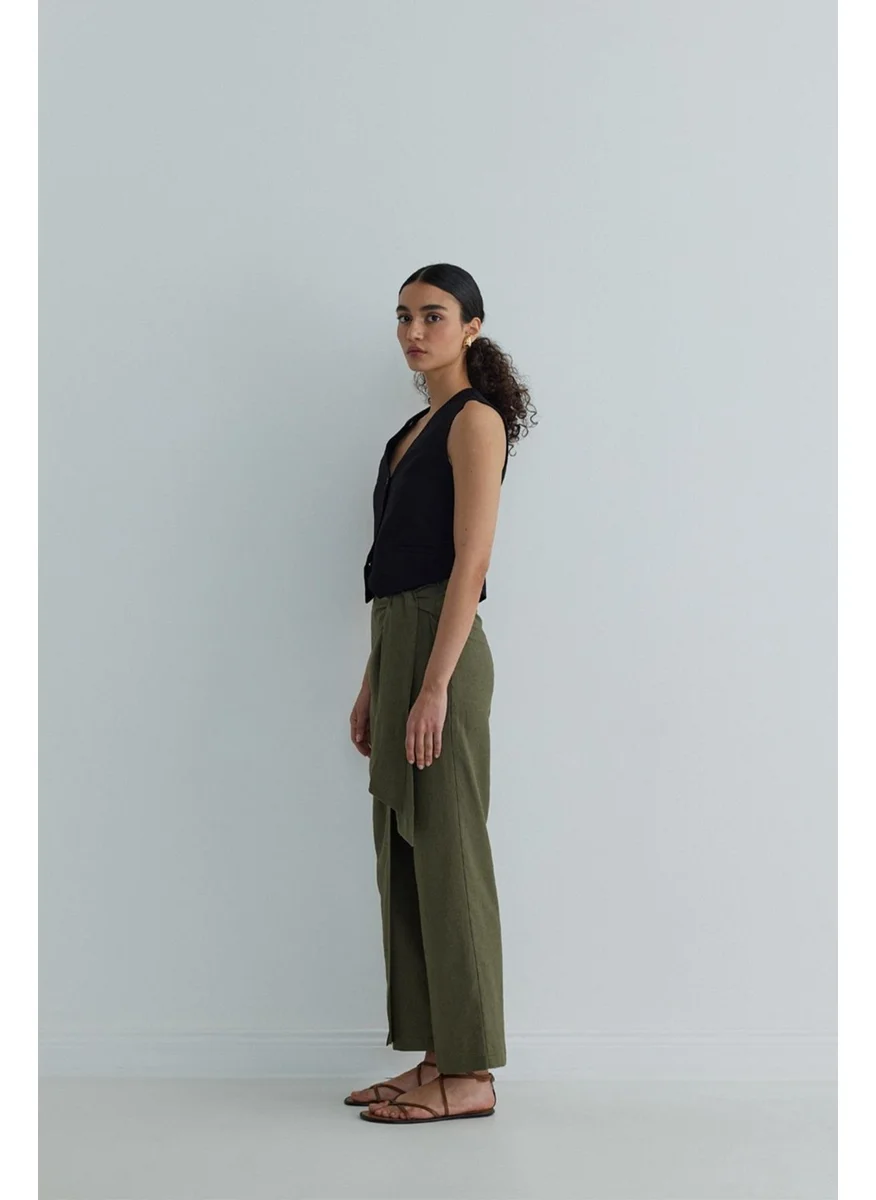 سود كوليكشن Saud Collection Khaki Alia Linen Wrap Trousers