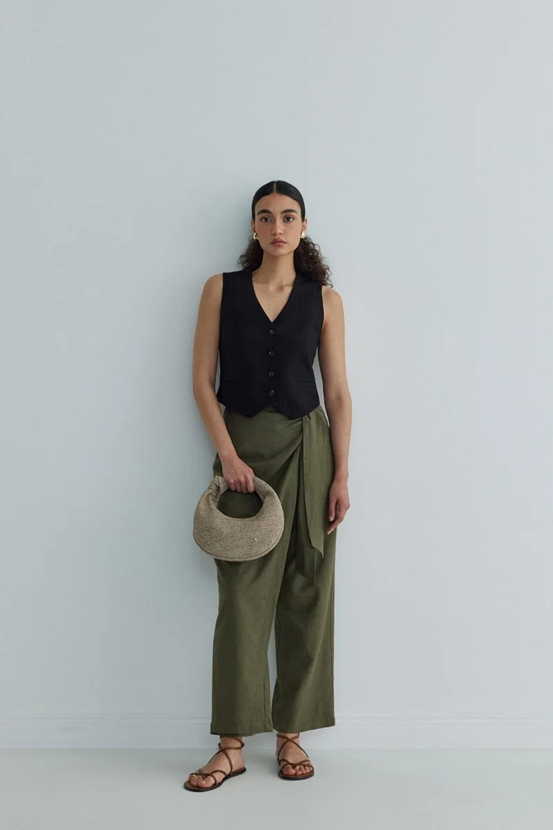 Suud Collection Saud Collection Khaki Alia Linen Wrap Trousers