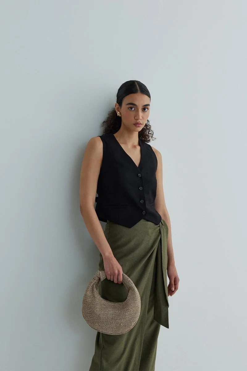 Suud Collection Saud Collection Khaki Alia Linen Wrap Trousers