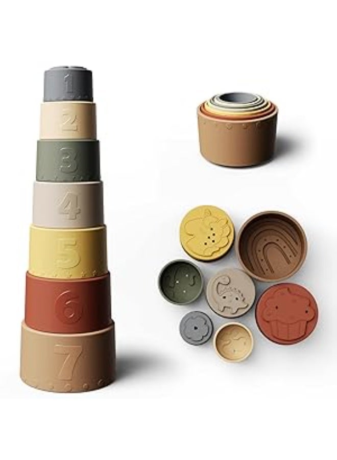 Moonkie Stacking Cups Toy, Fun Educational Baby Toys Silicone Soft Teething Toy, Age 6+ Months, 7 Piece Set - Image 1