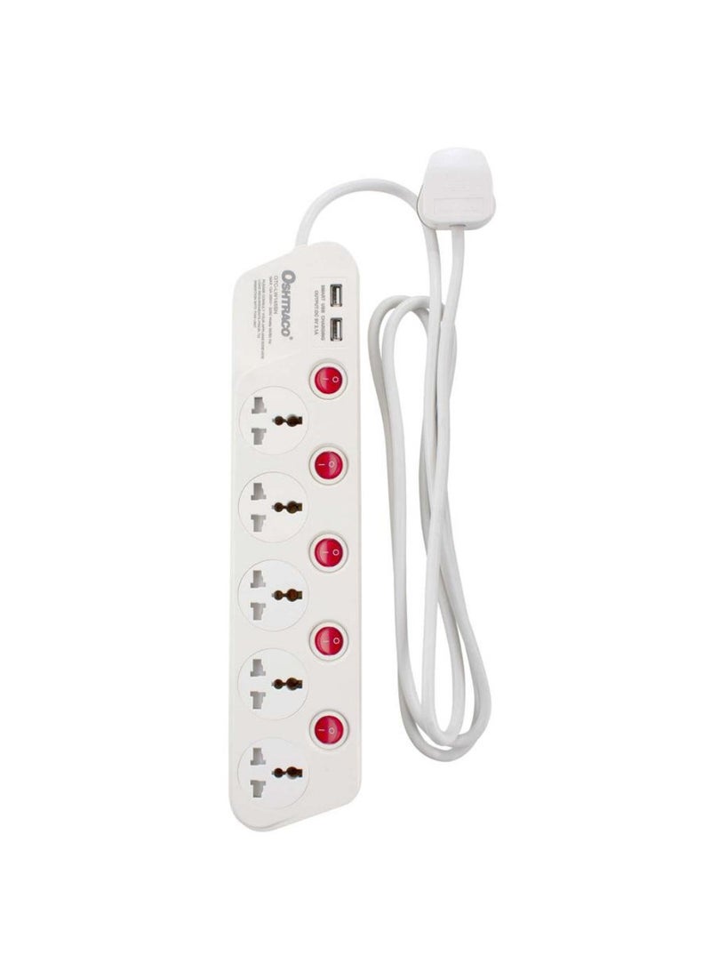 Oshtraco 5-Way Extension Cord W/ 4 USB Ports 2m