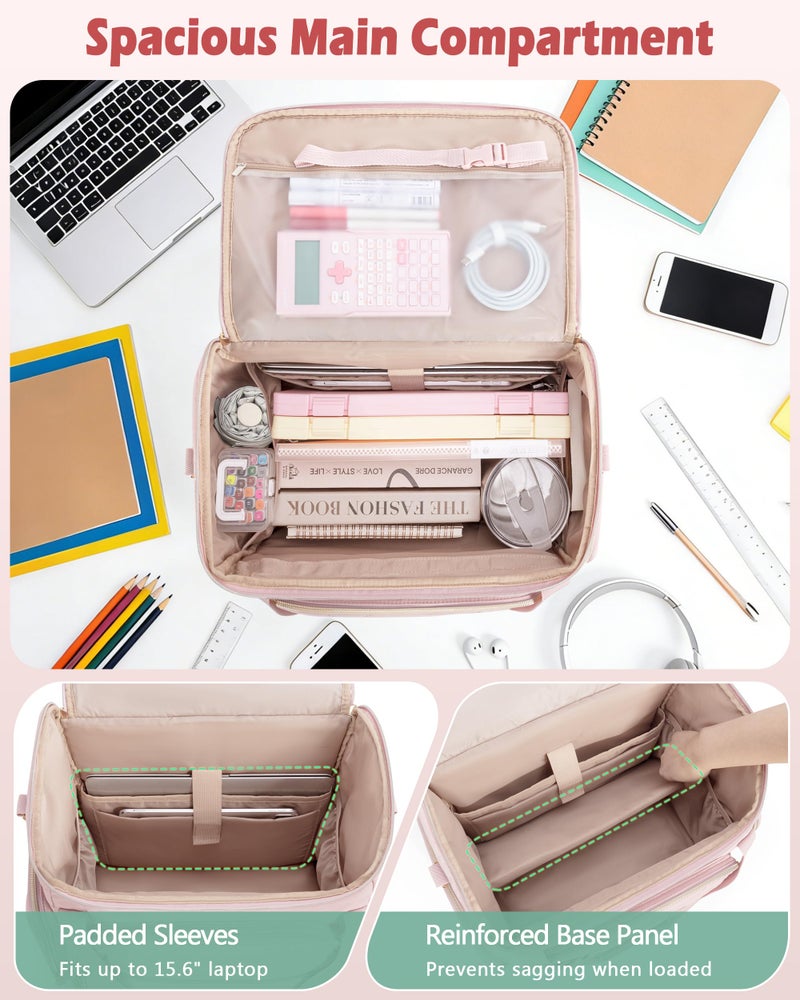 Marscamd Rolling Teacher Bag with 15.6" Laptop Compartment, Wheeled Work Briefcase Tote with Detachable Trolley for Women, Pink - Image 3