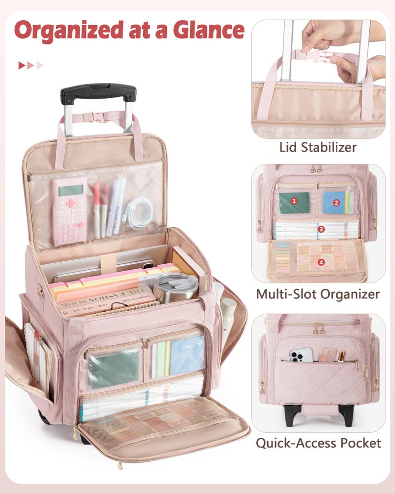 Marscamd Rolling Teacher Bag with 15.6" Laptop Compartment, Wheeled Work Briefcase Tote with Detachable Trolley for Women, Pink - Image 2
