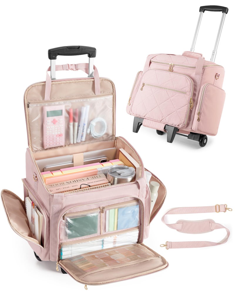 Marscamd Rolling Teacher Bag with 15.6" Laptop Compartment, Wheeled Work Briefcase Tote with Detachable Trolley for Women, Pink - Image 1