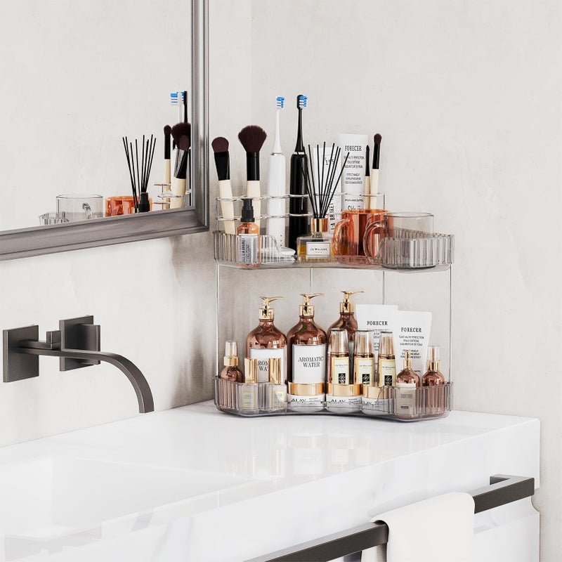Asayuee 2-Tier Corner Bathroom Counter Organizer with Top Toothbrush Holders,Large Makeup Organizer Countertop with Brush Holder,Skincare Organizers Corner,Exquisite Vanity Organizer (Gray, 2 Tier) - Image 2