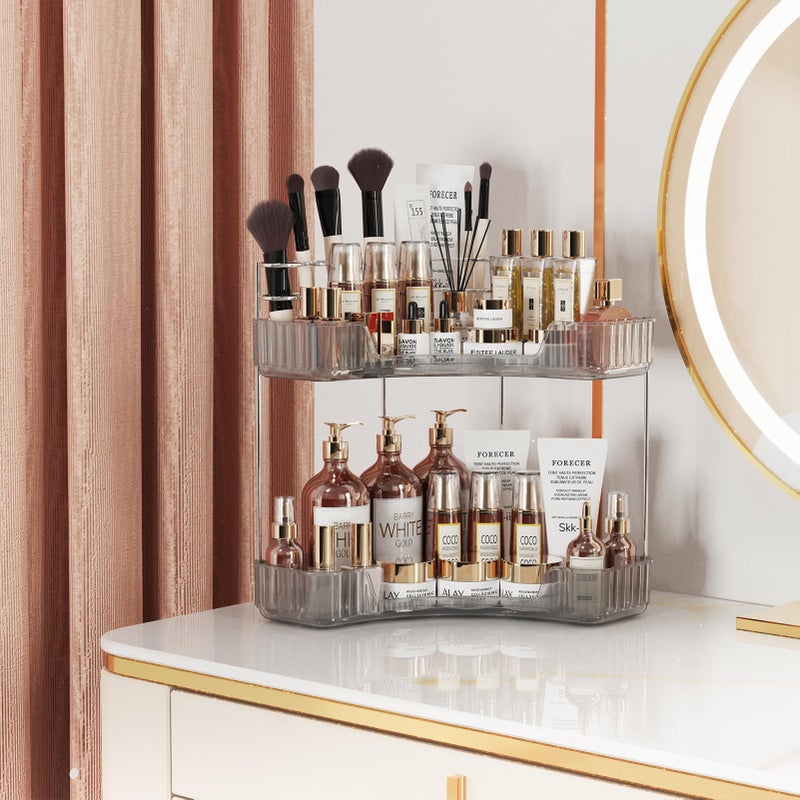 Asayuee 2-Tier Corner Bathroom Counter Organizer with Top Toothbrush Holders,Large Makeup Organizer Countertop with Brush Holder,Skincare Organizers Corner,Exquisite Vanity Organizer (Gray, 2 Tier) - Image 3