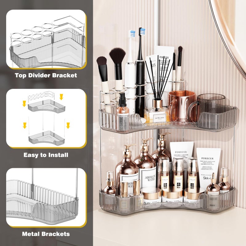 Asayuee 2-Tier Corner Bathroom Counter Organizer with Top Toothbrush Holders,Large Makeup Organizer Countertop with Brush Holder,Skincare Organizers Corner,Exquisite Vanity Organizer (Gray, 2 Tier) - Image 5