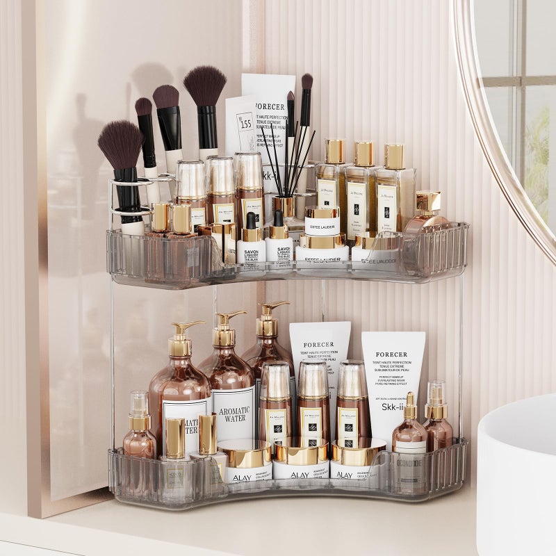 Asayuee 2-Tier Corner Bathroom Counter Organizer with Top Toothbrush Holders,Large Makeup Organizer Countertop with Brush Holder,Skincare Organizers Corner,Exquisite Vanity Organizer (Gray, 2 Tier) - Image 1