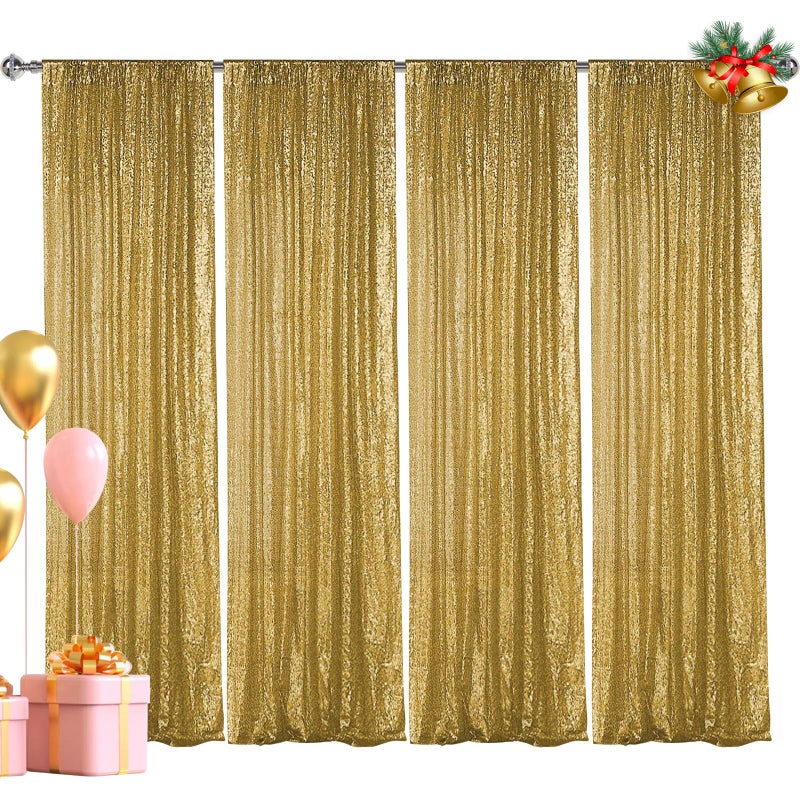 Hahuho Gold Sequin Backdrop Curtain 4PCS 2FTx8FT Glitter Backdrop Curtain for Parties Christmas Wedding Party Decoration4 Panels 2FT x 8FT Gold