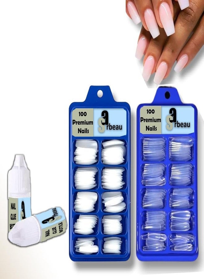 Sarbeau 200-Pcs Artificial Nails Set for Women & Girls - White & Transparent Fake Nail Tips with Nail Glue - DIY Manicure Kit for Salon & Home Use - Image 1