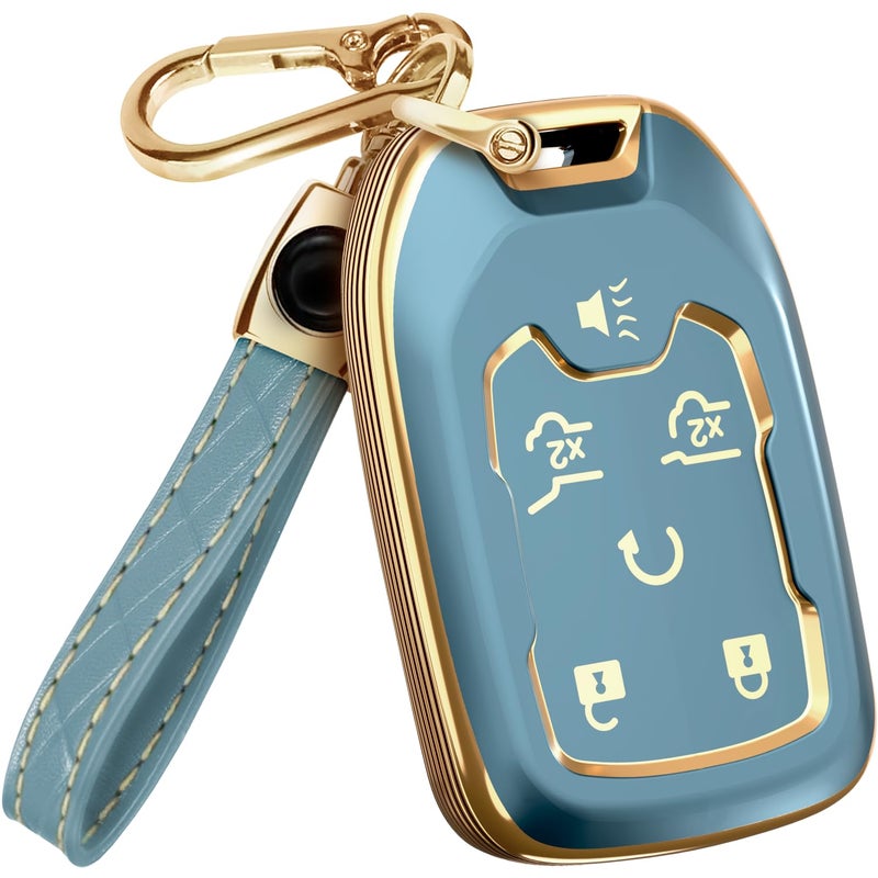 Lucrum Compatible with Chevy & GMC Key Fob Cover & Leather Keychain, 6 Buttons Keyfob Case for Acadia Sierra Silverado Tahoe Terrain Yukon (2014-2023) - Blue and Gold - Image 1